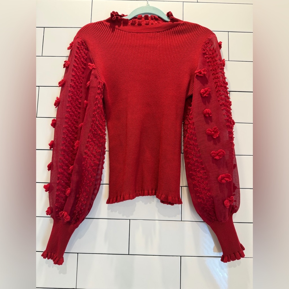 Almost Famous Red Ribbed Knit Sweater with Sheer Floral Puffed Sleeves